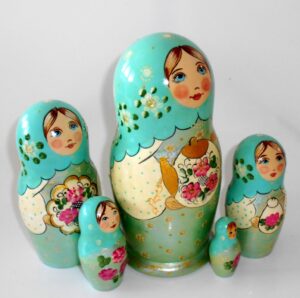 Tea party aqua scarf nesting Doll Babooshki s Classic Village Traditional