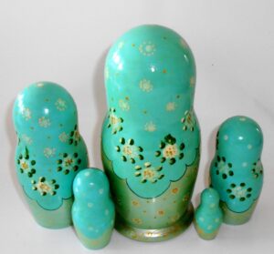 Tea party aqua scarf nesting Doll Babooshki s Classic Village Traditional