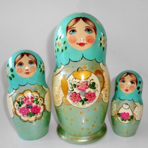 Tea party aqua scarf nesting Doll Babooshki s Classic Village Traditional