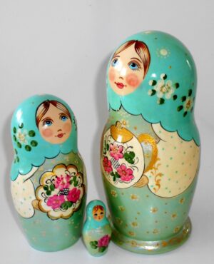 Tea party aqua scarf nesting Doll Babooshki s Classic Village Traditional