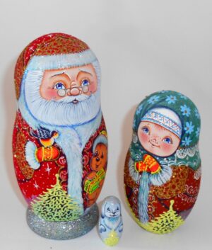 Santa with teddy bear sparkling nesting Doll Babooshki s
