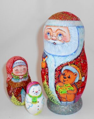 Santa with teddy bear sparkling nesting Doll Babooshki s