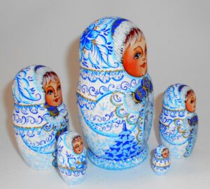 Snowmaiden / Winter village girl small nesting Doll Babooshki s