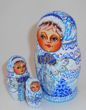 Snowmaiden / Winter village girl small nesting Doll Babooshki s