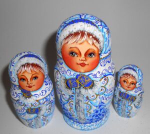 Snowmaiden / Winter village girl small nesting Doll Babooshki s
