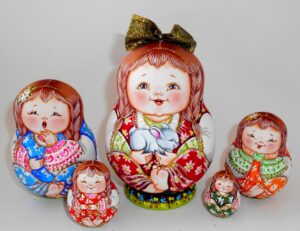 Village girl in red Matty with rabbit gold bow babushka Babushka Matryoshka nesting Doll Babooshki Babushkas