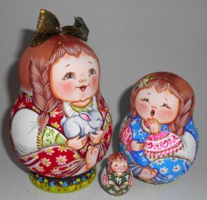 Village girl in red Matty with rabbit gold bow nesting Doll Babooshki s