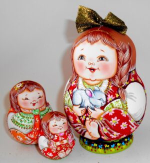 Village girl in red Matty with rabbit gold bow nesting Doll Babooshki s