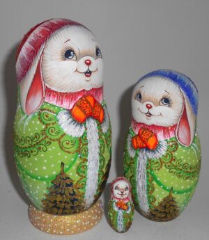 Rabbit in green coat nesting Doll Babooshki s