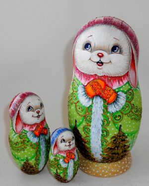 Rabbit in green coat nesting Doll Babooshki s