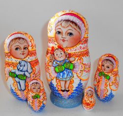 Village girls Matt  with toys green gloves babushka Babushka Matryoshka nesting Doll Babooshki Babushkas