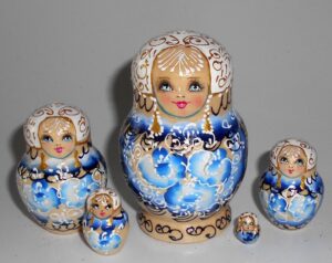 Nata in blue & gold lace woody dress small Babushka Matryoshka nesting Doll  Babooshki Babushkas