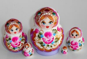 Pastel Vera in pink/white scarf fade  violet dress Babushka Matryoshka nesting Doll  Babooshki Babushkas