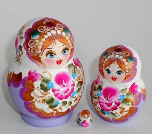 Pastel Vera in pink/white scarf fade violet dress nesting Doll Babooshki s