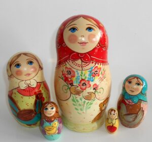 Village family with cat kitty and rooster Babushka Matryoshka nesting Doll Babooshki Babushkas