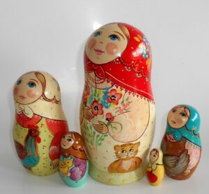 Village family with cat kitty and rooster nesting Doll Babooshki s