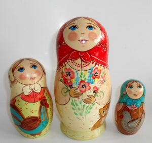 Village family with cat kitty and rooster nesting Doll Babooshki s
