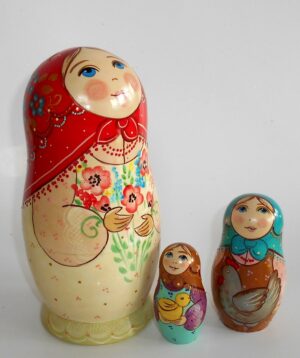 Village family with cat kitty and rooster nesting Doll Babooshki s
