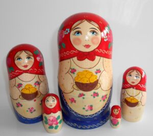 Marusya with yellow apples in red and blue Babushka Matryoshka nesting Doll Babooshki Babushkas