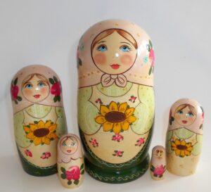 Marusya with sunflower in peach scarf Babushka Matryoshka nesting Doll Babooshki Babushkas