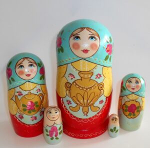 Marusya with Samovar in blue scarf Babushka Matryoshka nesting Doll Babooshki Babushkas