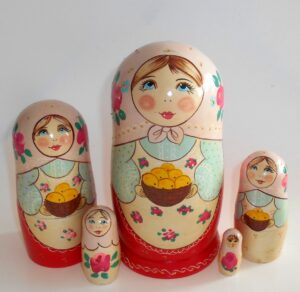 Marusya with yellow apples in peach and red Babushka Matryoshka nesting Doll Babooshki Babushkas