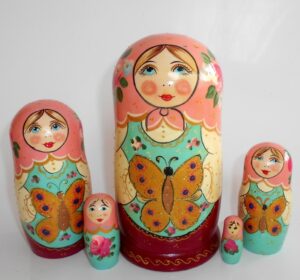 Marusya with gold butterfly pink scarf Babushka Matryoshka nesting Doll Babooshki Babushkas