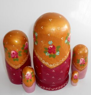 Marusya with baby in gold scarf nesting Doll Babooshki s