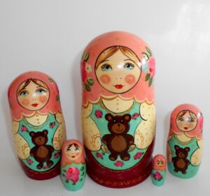 Marusya with teddy bear pink scarf Babushka Matryoshka nesting Doll Babooshki Babushkas