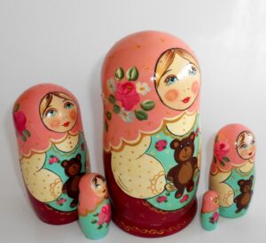 Marusya with teddy bear pink scarf nesting Doll Babooshki s
