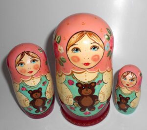 Marusya with teddy bear pink scarf nesting Doll Babooshki s