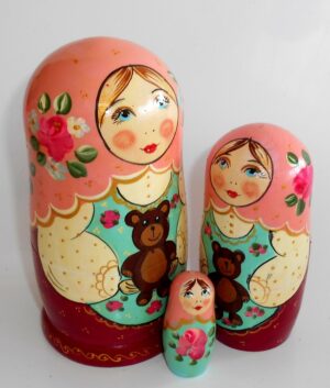 Marusya with teddy bear pink scarf nesting Doll Babooshki s