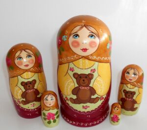 Marusya with teddy bear gold scarf Babushka Matryoshka nesting Doll Babooshki Babushkas