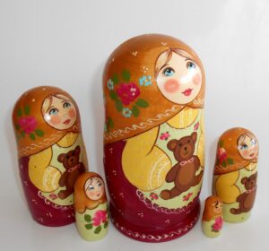 Marusya with teddy bear gold scarf nesting Doll Babooshki s