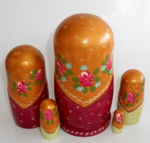Marusya with teddy bear gold scarf nesting Doll Babooshki s