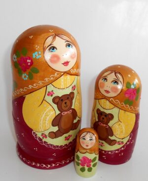 Marusya with teddy bear gold scarf nesting Doll Babooshki s