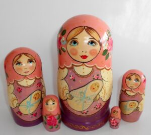 Marusya with baby in pink scarf Babushka Matryoshka nesting Doll Babooshki Babushkas