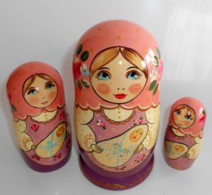 Marusya with baby in pink scarf nesting Doll Babooshki s