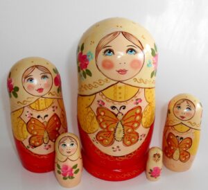 Marusya with gold butterfly peach scarf Babushka Matryoshka nesting Doll Babooshki Babushkas