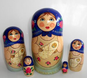 Marusya with baby in blue scarf Babushka Matryoshka nesting Doll Babooshki Babushkas