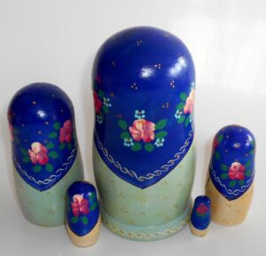 Marusya with baby in blue scarf nesting Doll Babooshki s