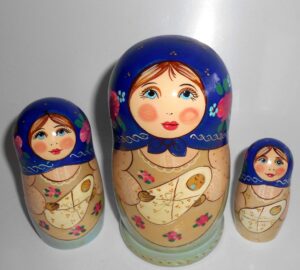 Marusya with baby in blue scarf nesting Doll Babooshki s