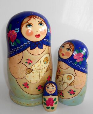 Marusya with baby in blue scarf nesting Doll Babooshki s