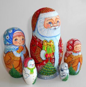 Santa with gift box and village girl nesting Doll Babooshki s