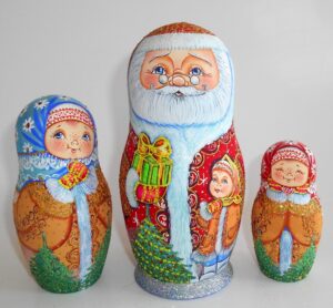 Santa with gift box and village girl nesting Doll Babooshki s