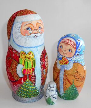Santa with gift box and village girl nesting Doll Babooshki s