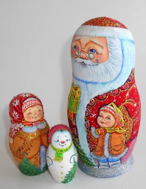 Santa with gift box and village girl nesting Doll Babooshki s