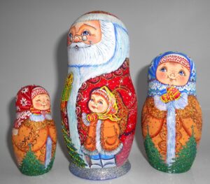 Santa with gift box and village girl nesting Doll Babooshki s