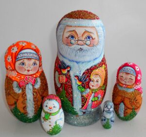 Santa with bullfinches and village girl babushka Babushka Matryoshka nesting Doll Babooshki Babushkas