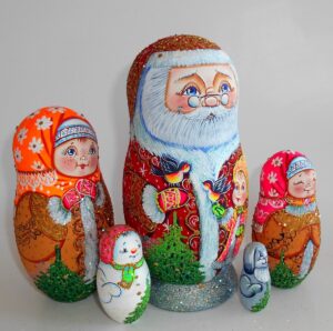 Santa with bullfinches and village girl nesting Doll Babooshki s